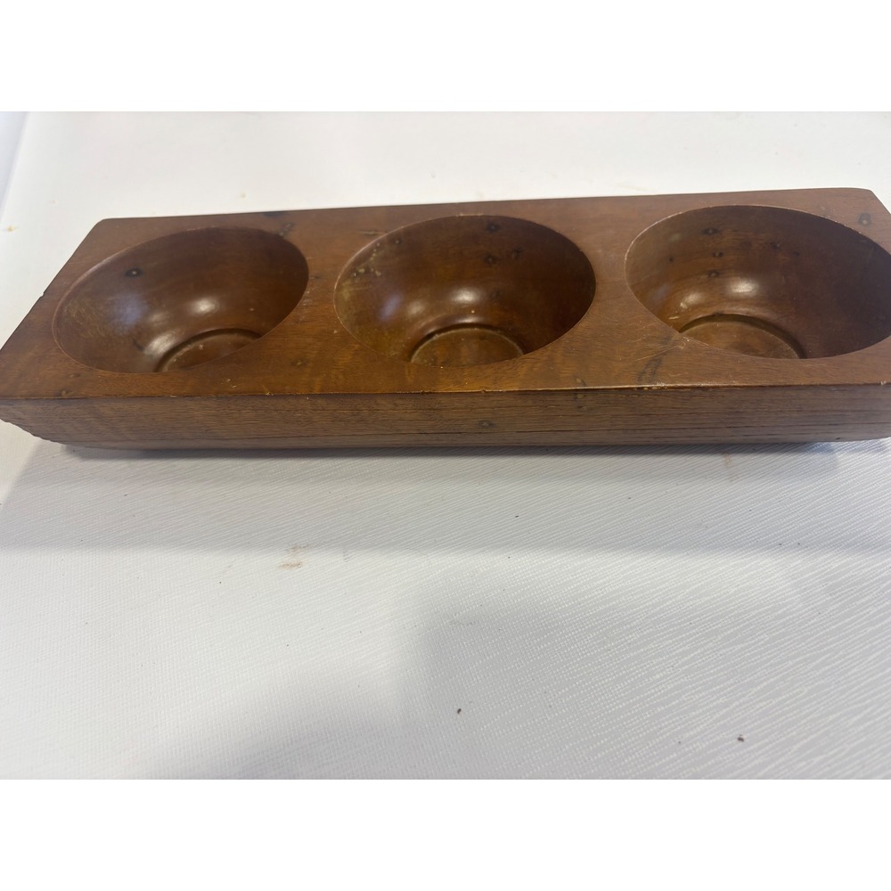 Vintage Hand Carved Wooden 3 Compartment Snack Server Condiment Candle Holder - Picture 2 of 7